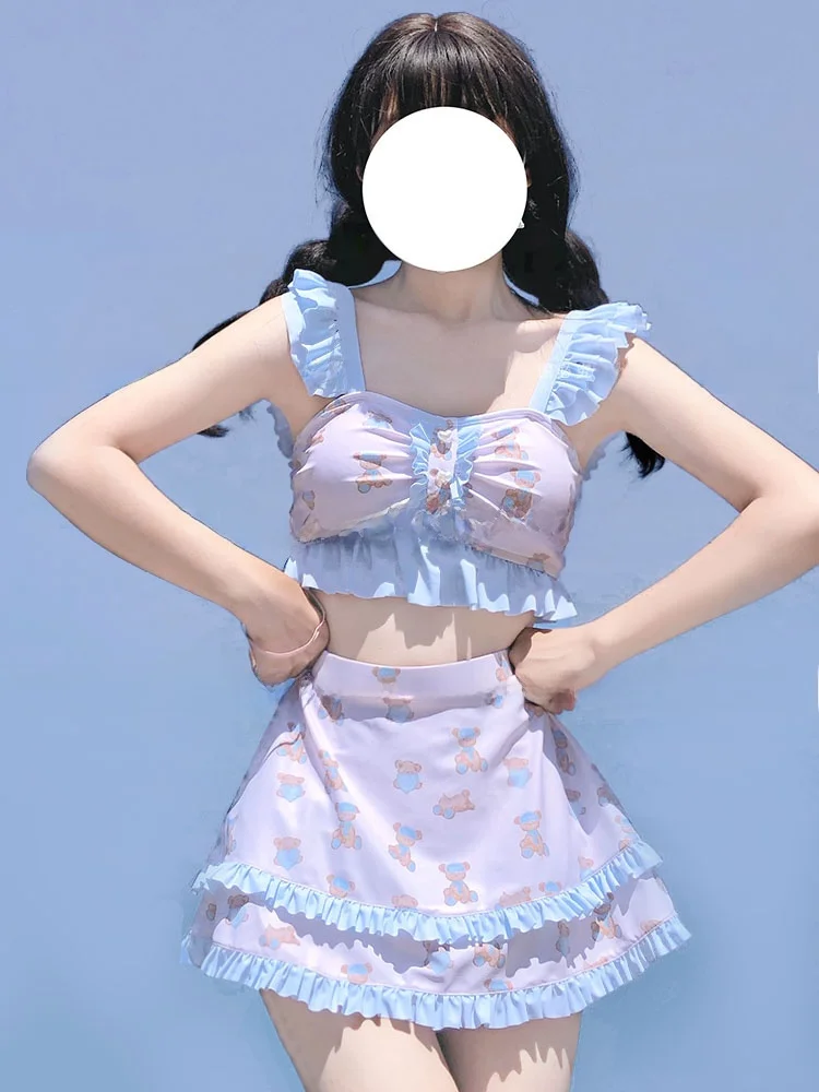 

Женский раздельный купальник в стиле Лолита с милым принтом медведя, из полиэстера и нейлона, с квадратным вырезом и вкладышами для груди