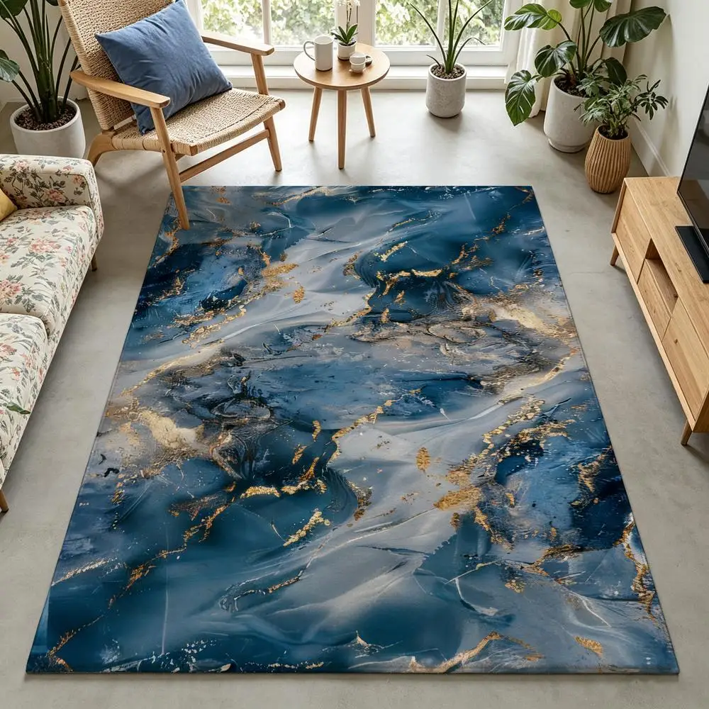 2D 1 pc Soft, Easy to Manage, Machine Washable Indoor Rug, Blue Gold Marble Pattern, Suitable for Living Room, Bedroom, Entryway, Home Office, Foyer, Under Dining Table, Rustic Home Decor