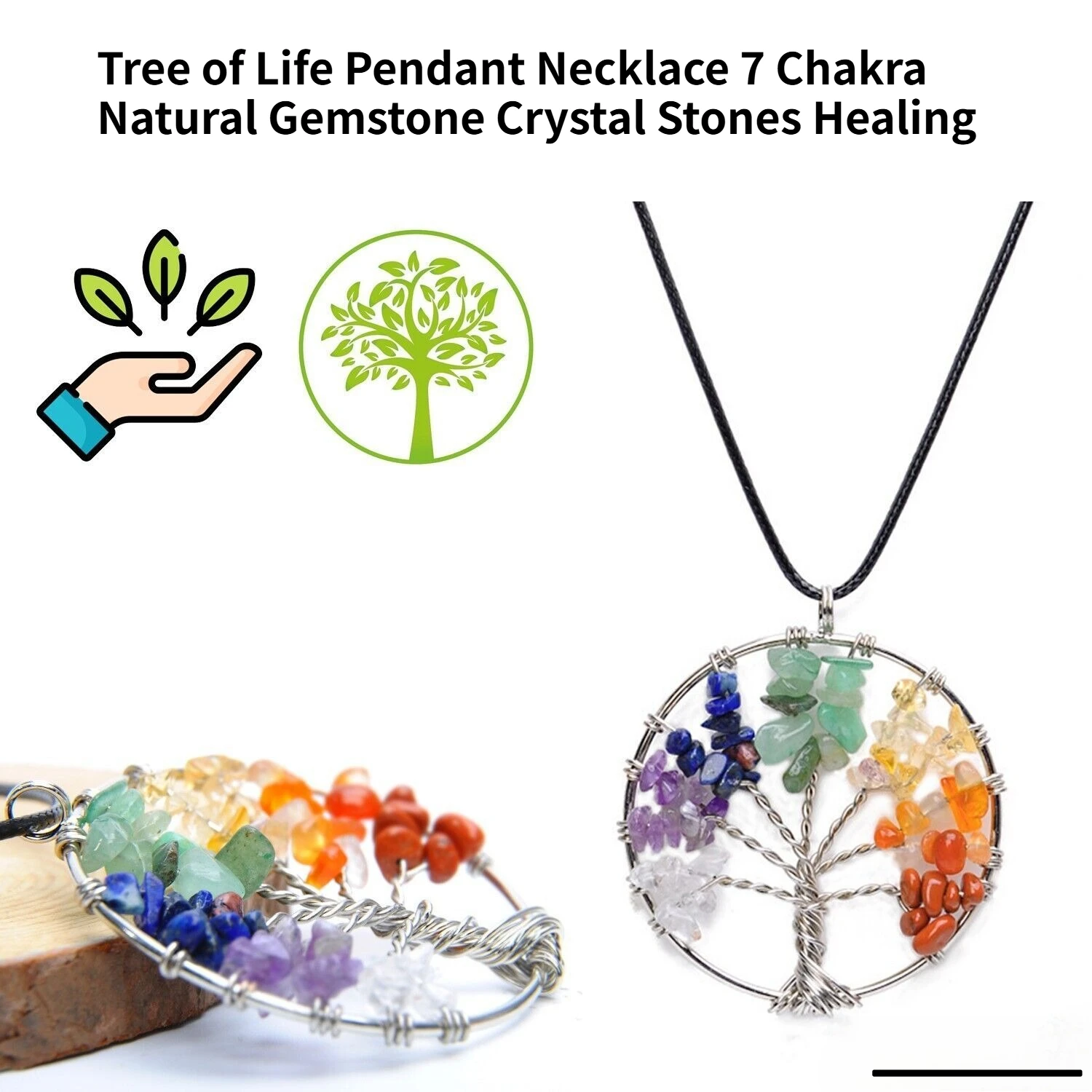 Tree of Life Pendant Necklace 7 Chakra Natural Gemstone Crystal Stones Healing