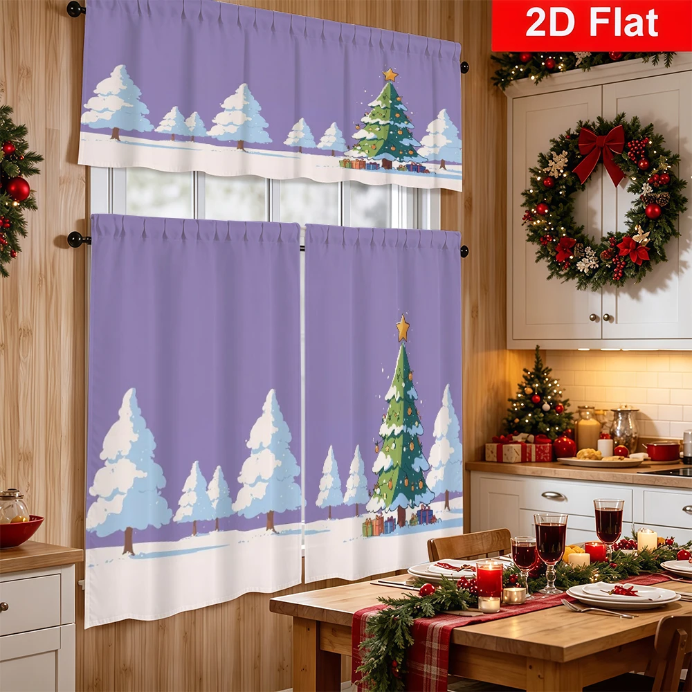 Christmas Kitchen Curtains, Purple Pine Tree Gift Cartoon, Digital Print, Kitchen Dining Room, Rod Pocket Polyester, Home Decor