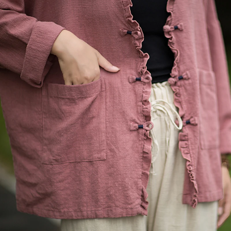 Printemps automne coton lin ample Style chinois Blouse femme surdimensionné coton lin ouvert Cardigan à manches longues femmes chemise haute