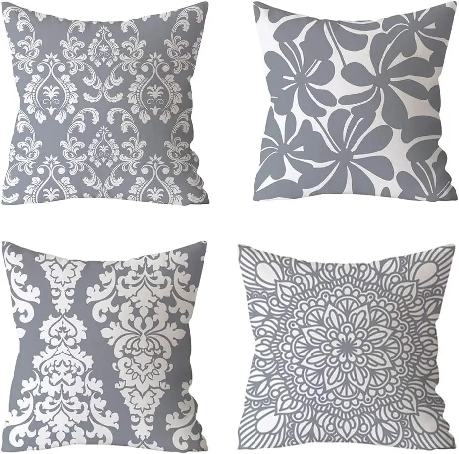 4pcs Gray White Damask Floral Mandala Pillow Covers Polyester Cushion Cases Elegant Vintage Print Throw Pillowcase Set for Sofa