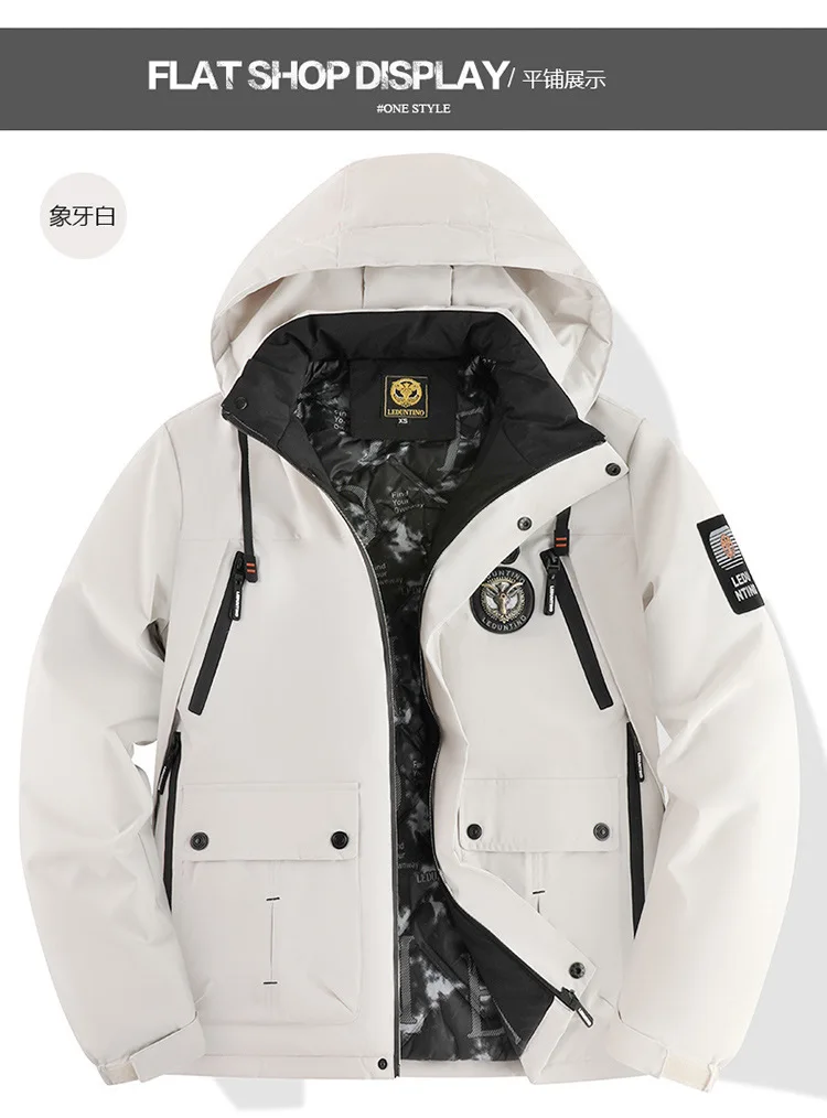 High-End Men's Winter Hooded down Jacket Windproof Warm Thick White Duck down Outdoor Top for Cold Weather