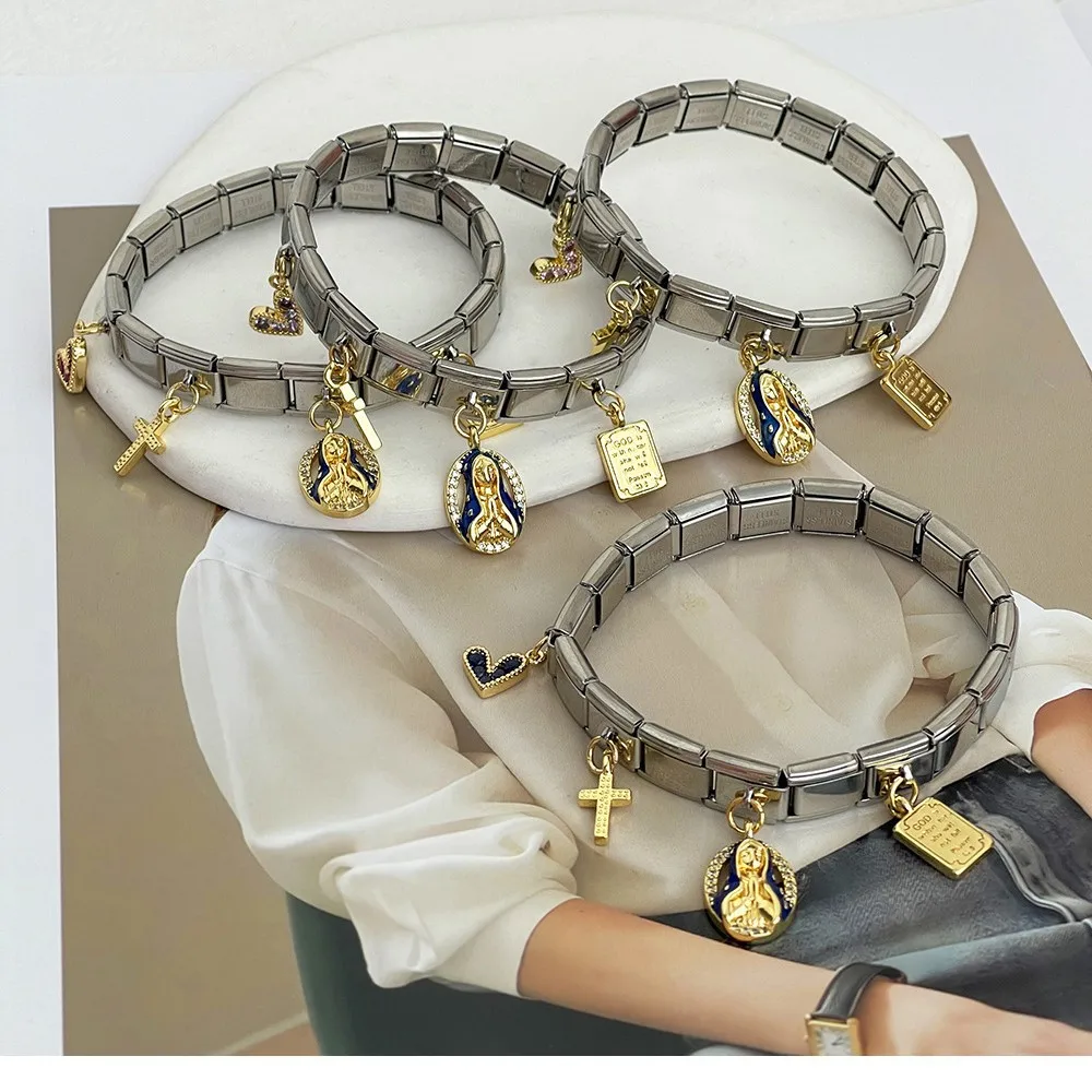 2025 تصميم جديد الصليب الكتاب المقدس مريم العذراء القلب المعلقات الإيطالية سحر وحدات أساور للنساء الرجال الهدايا #3