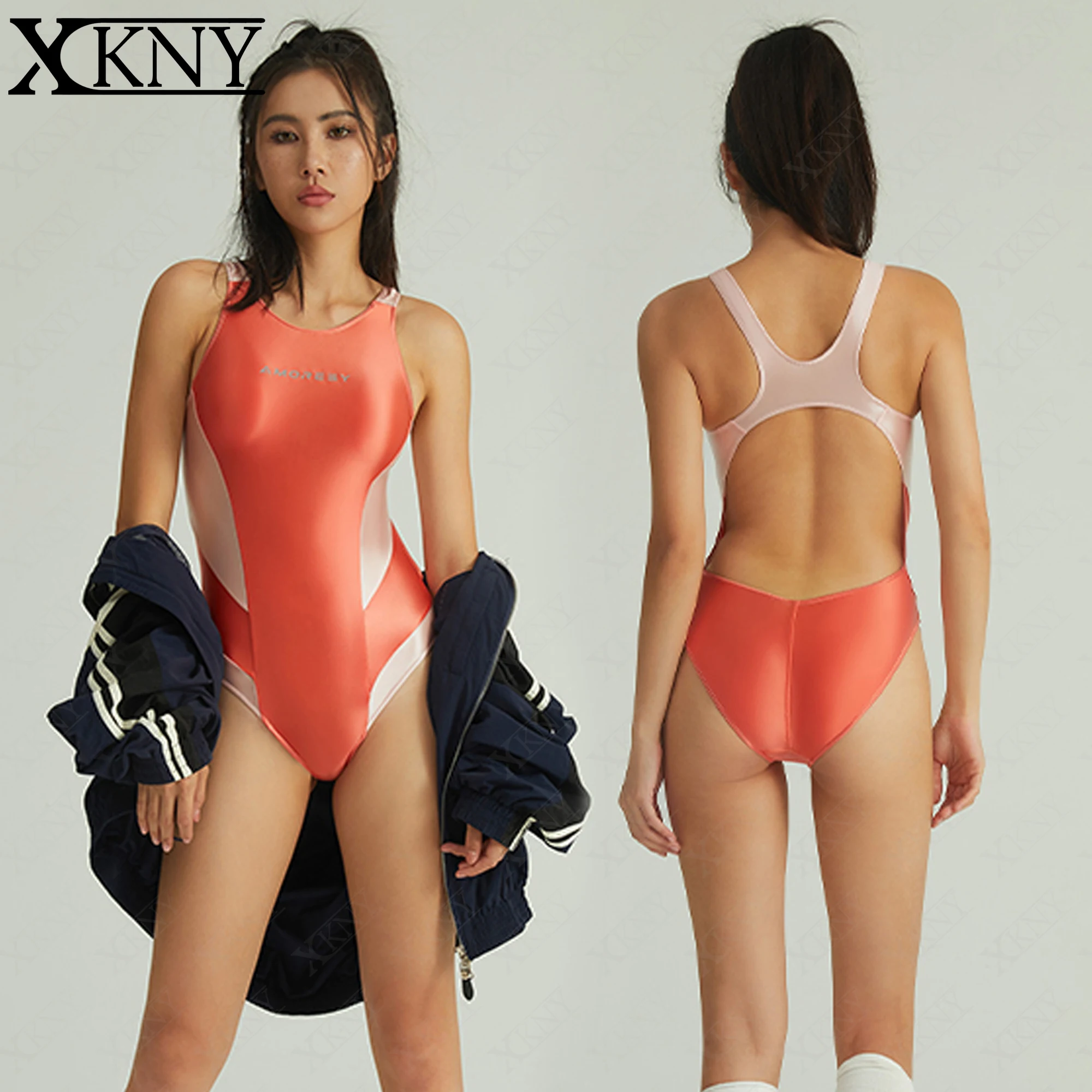 

XCKNY satin glossy swimsuit orange swimsuit sexy glossy oily tight elastic silky one-piece swimsuit hot spring swimsui