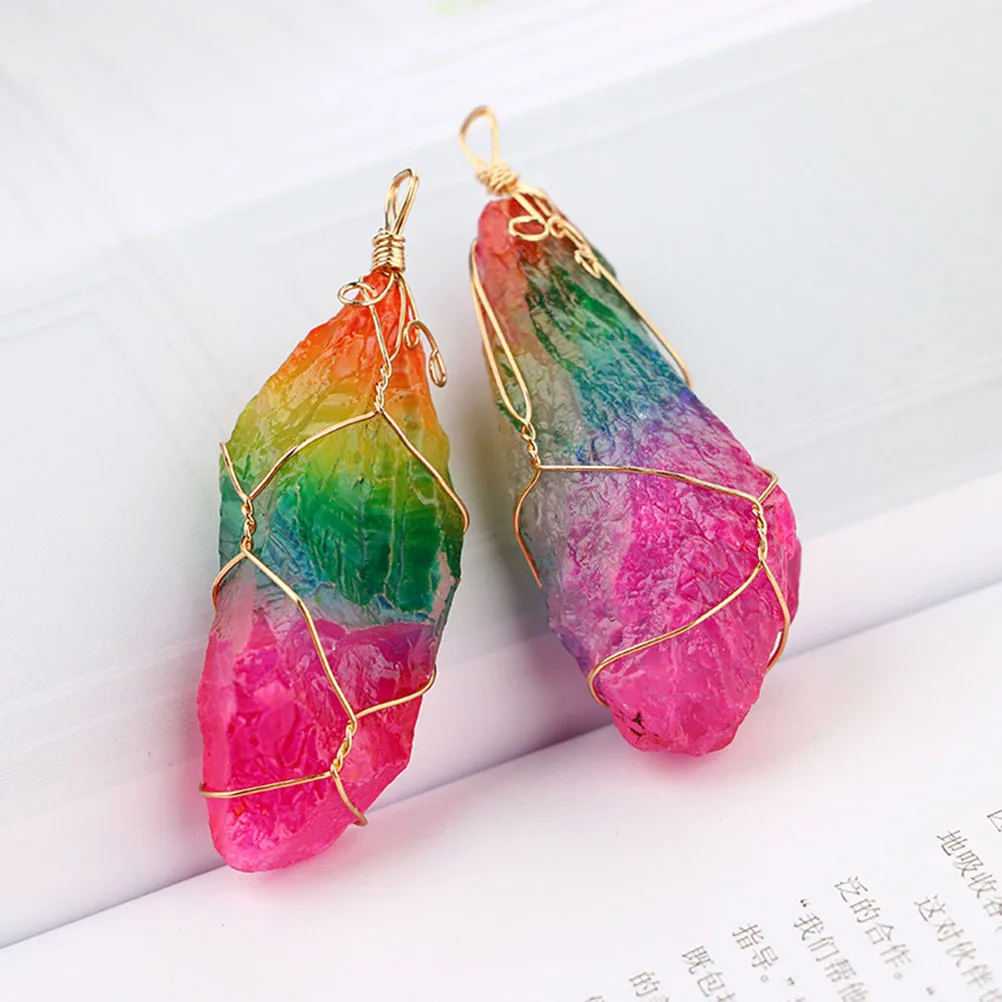 

Natural Stone Irregular Crystal Pendant Necklace Colorful Rainbow Charm Unique Wire Wrap Jewelry Gifts Women Girls
