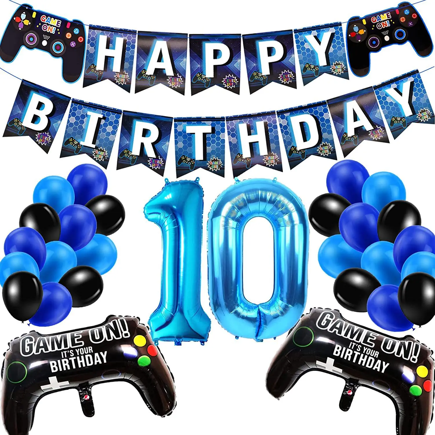 Blue Game Number 10 Birthday Theme Party Decoration Set Number Balloon Pull Flag Set