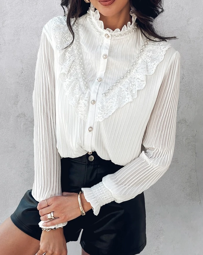 women's blouses trend 2025 Stand Collar Lantern Sleeve Beaded Lace Frill Hem Ruched Blouse Elegant Top for women