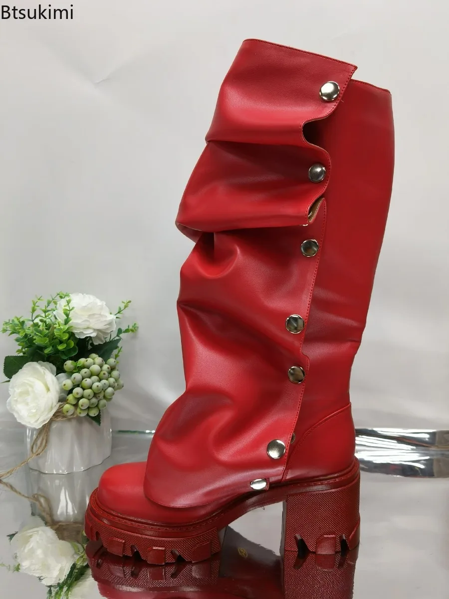 

New 2026 Women's Thick Bottom Buckle Fold Boots Shoes Round Toe Punk Wrinkles Boots Block High Heels Cool Female Daily Shoes