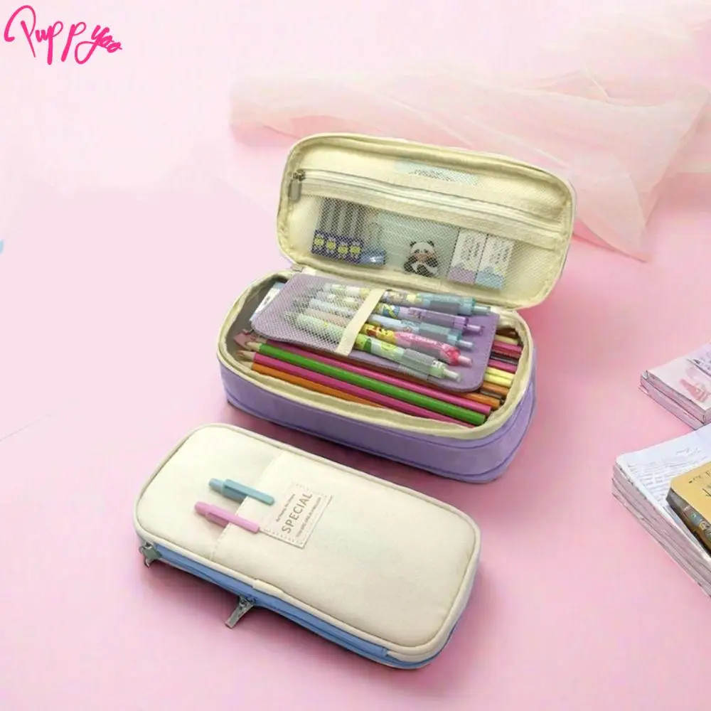 Multi-Layer Pen Opbergtas Uitbreiding Kawaii Pen Organizer Canvas Stofdicht Macaron Kleur Pen Case School/Kantoorbenodigdheden