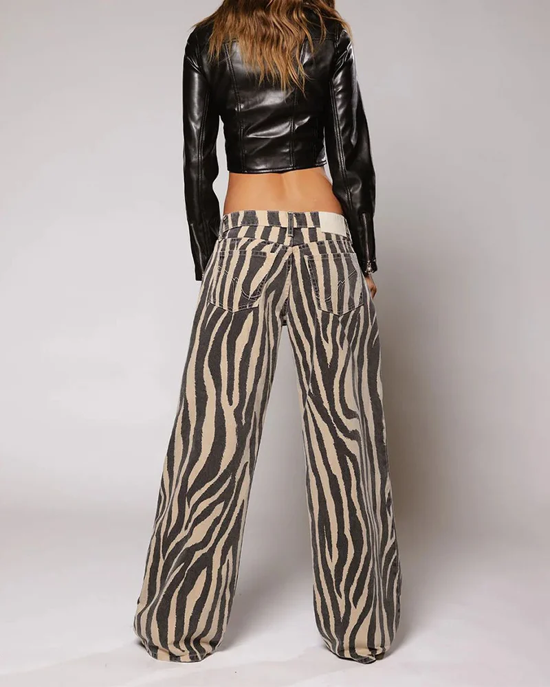 Zebra texture printed casual jeans Fashion Spice low waist trend street style autumn straight pants women