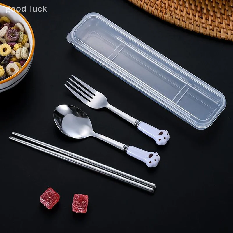 Juego de vajilla de acero inoxidable con garra de gato, cubiertos portátiles, tenedor, cuchara, palillos, traje de tres piezas con caja, cubiertos de viaje, regalo