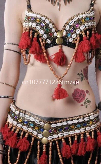 Indian Belly Dance Costume, Women\'s ATS Tribal Belly Dance Costume 3 Piece Set Bra Belt Red Trousers Gypsy Dancing Dress