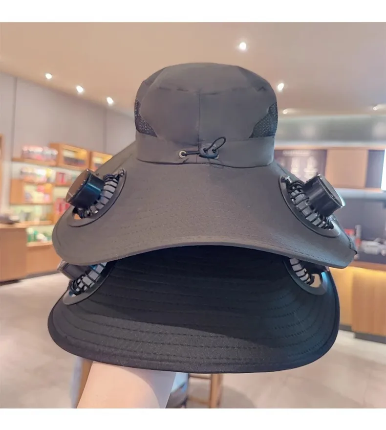 2025 جديد واسعة حافة الشمسية مروحة قبعة في الهواء الطلق قبعة الشمس مع 2 مروحة للطاقة الشمسية قبعة الصيد القابلة للإزالة و USB شحن مروحة دلو قبعة للشاطئ #5