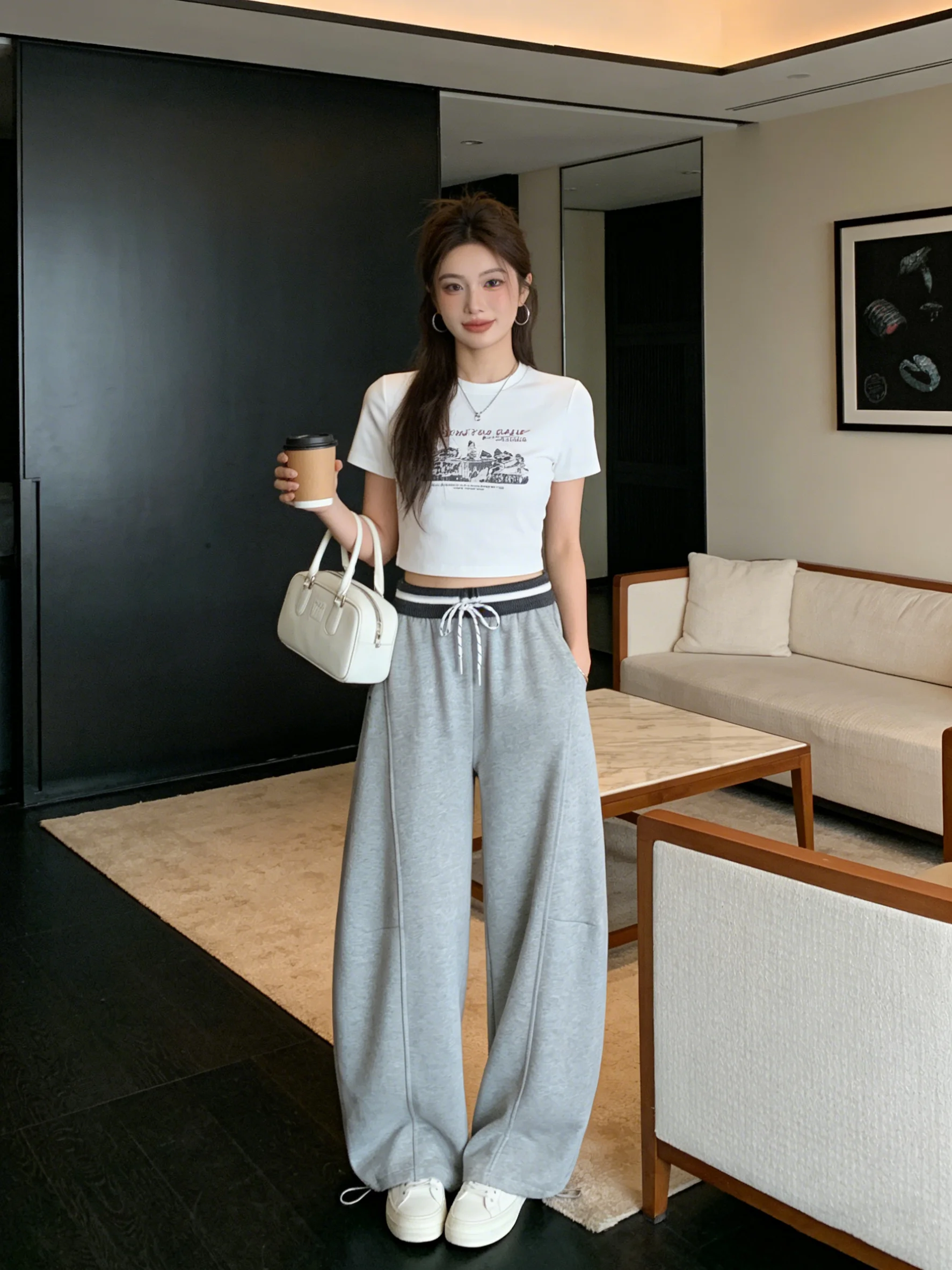 

Корейские широкие брюки с высокой талией, утягивающие, с манжетами, приятные к телу, универсальные, для ранней весны