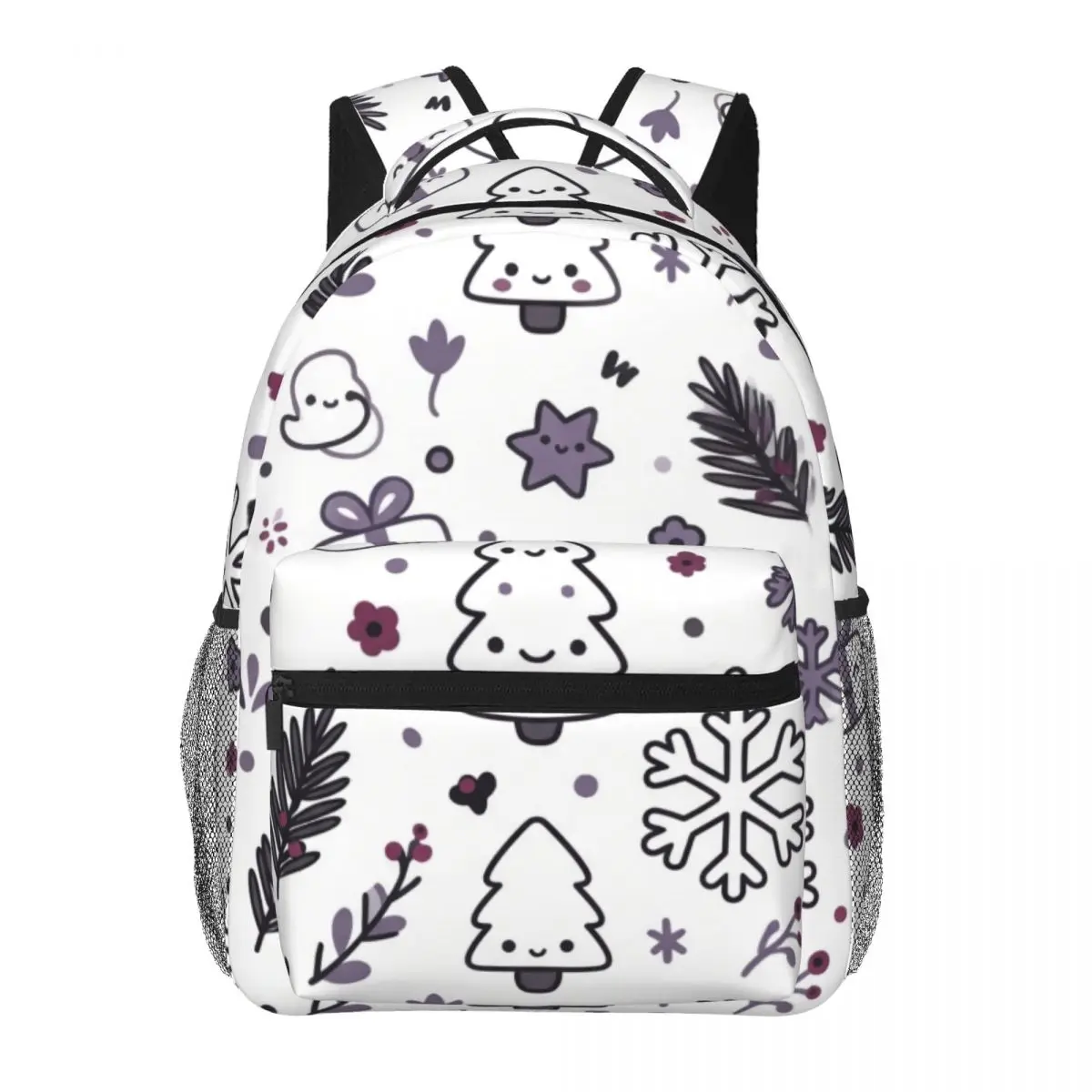 Moon School Backpack Tossed Snowflake Pine Gift Box Star Cute Kawaii Black White Winter Daypack for School College Daily Use Gym