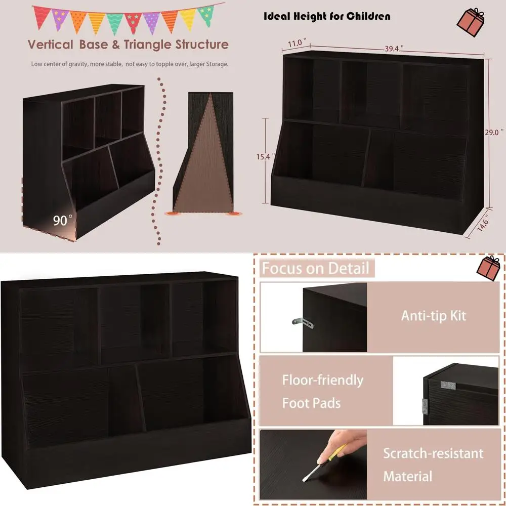 

Деревянная книжная полка и органайзер для игрушек с 5 секциями, длина 100 см, для игровых комнат, гостиных и детских комнат