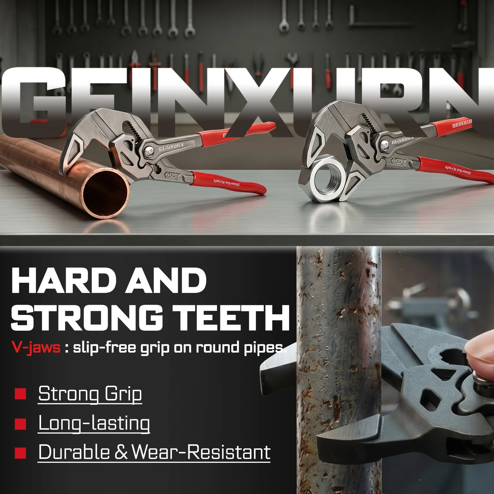 Geinxurn Heavy Duty 7-Inch Water Pump Pliers w/ Quick Button, 15-Position, 1.5" Capacity, CR-V Steel Parallel Jaws image 6