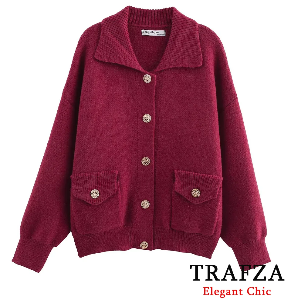 TRAFZA Women Casual Knitted Cardigan Lapel Buttons Pockets Coat New 2025 Fashion Spring Fall Simple Loose Sweater Coat