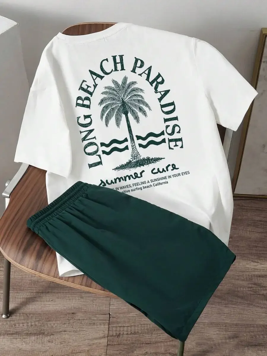

Mens White Palm Tree Print T-Shirt And Green Woven Shorts Set Casual Summer Outfit