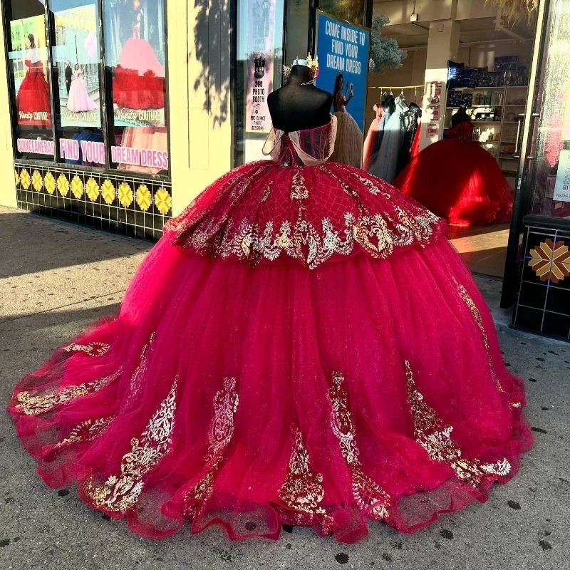 Angelsbridep personalizado encantador vestido de baile rojo con hombros descubiertos vestidos de quinceañera apliques dorados vestido de fiesta mexicano vestidos de 15