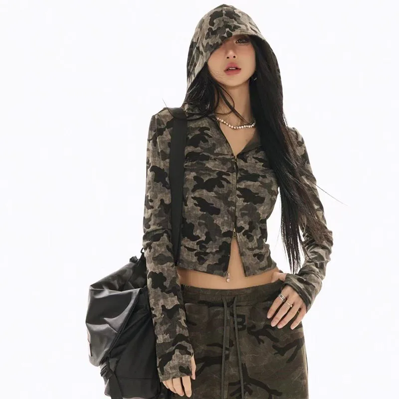Retro Camouflage Hooded T Shirts Women Y2K Fashion Sexy Slim Zipper Crop Tops American Streetwear Autumn Tight Tees Mujer