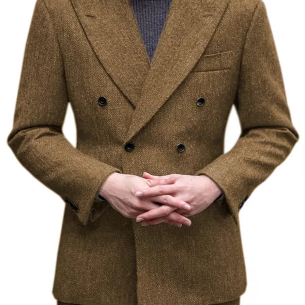 メンズ スタンダード タキシード ホース スパイン ジャケット ダブルブレスト グレー ブラウン ウール カジュアル 新郎用 ブリティッシュ スタイル スモーキング スーツ 2ピース