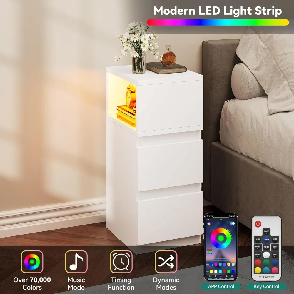 Juego de 2 Mesitas de Noche Delgadas con Luz، 2 Cajones y Almacenamiento Abierto #4