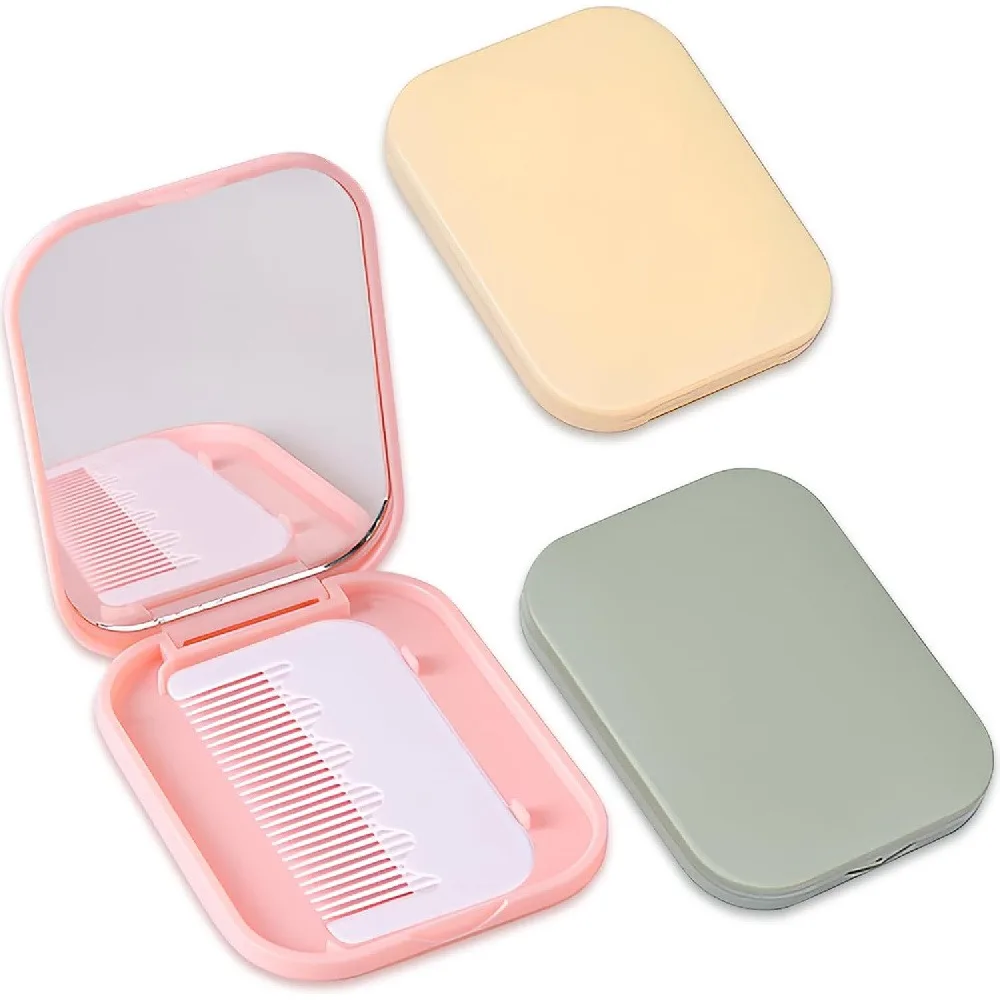 2 Pack Foldable Compact Mirror with Comb, 2-in-1 Portable Travel Pocket Makeup Mirror & Hair Comb Set, Macaron Pastel Small Hand Mirror for Women Girls Daily Commute Travel