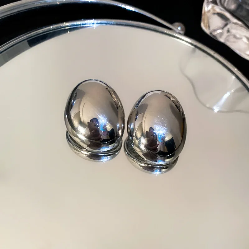 Gold Plated Water Drop Oval Metalic Stud Earrings for Women Glossy Silver Color Ear Studs Trendy Personality Punk Jewelry W