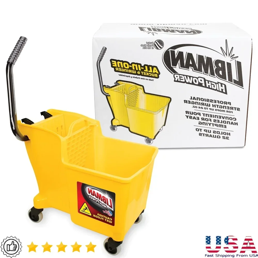 

Heavy Duty One Piece Mop Bucket with Wringer 32 Quart Easy Pour Handles Integrated Mop Hook Professional Cleaning Tool