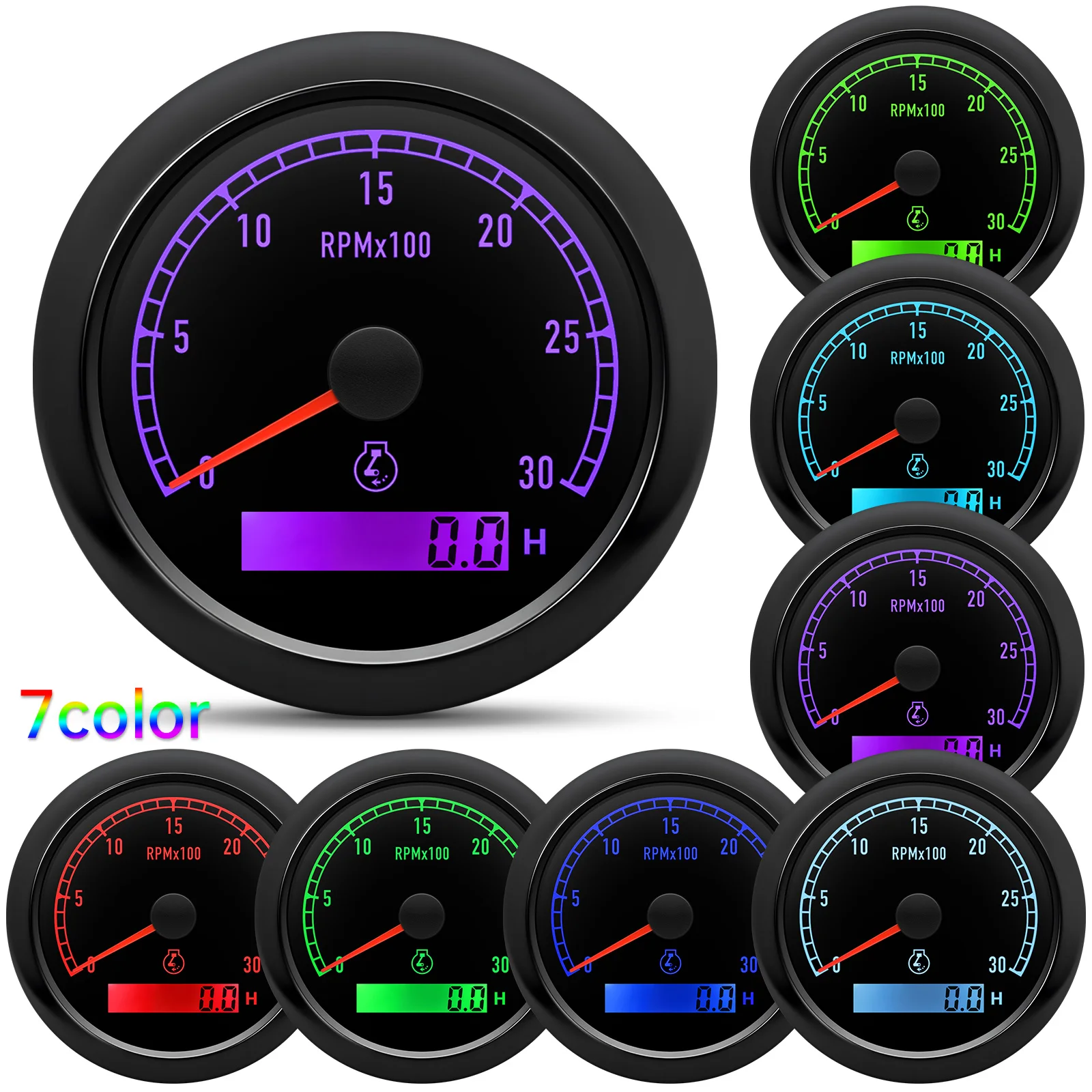 80mm 3-1/8" REV Counter Dual Display 7 Colors Backlight Tachometer With LCD Hourmeter 0~8000RPM For Yacht Engine Boat Car Gauge - view 2