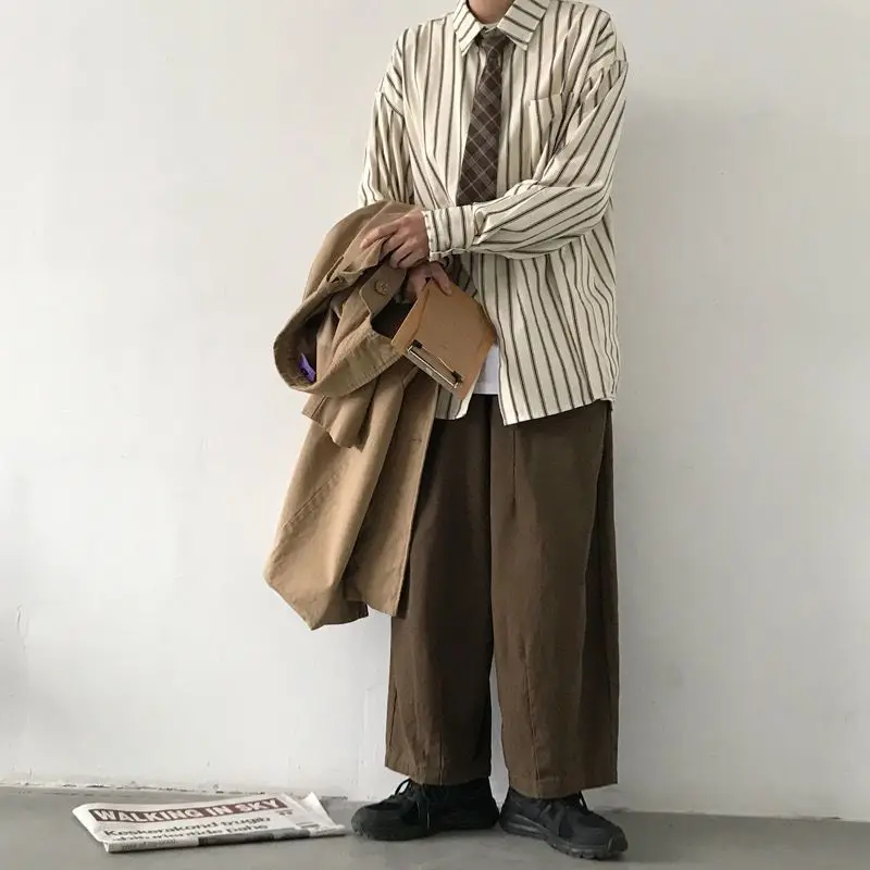 

Vintage Japanese Style Two Piece Set Long Sleeve Striped Shirt Unisex Couple Spring Autumn Casual Outfit