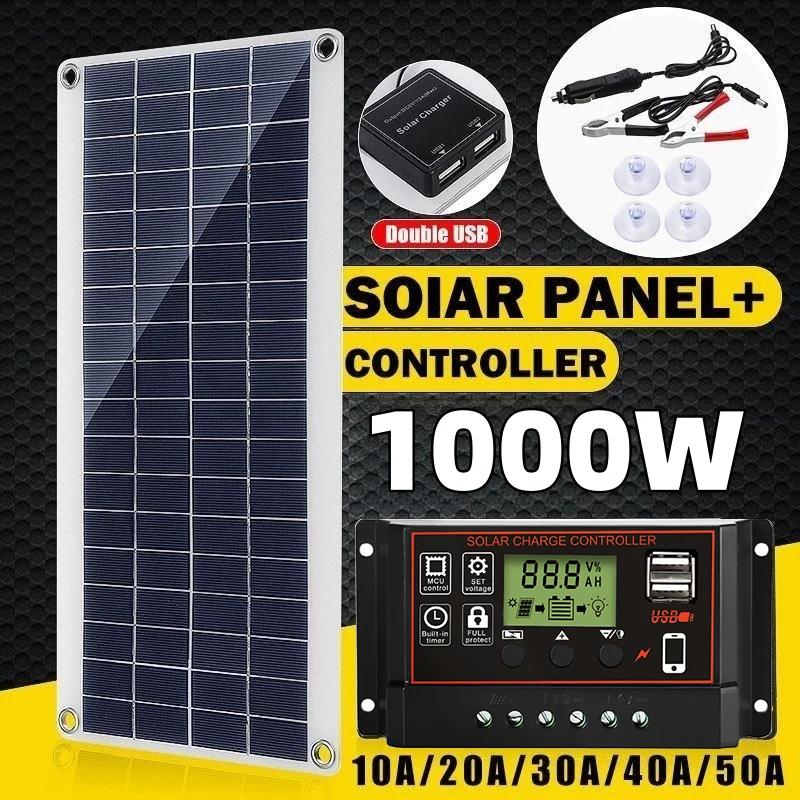 1000W Solar Panel 12V Solar Cell 10A-100A Controller Solar Plate Kit For Phone RV Car Caravan Home Camping Outdoor Battery