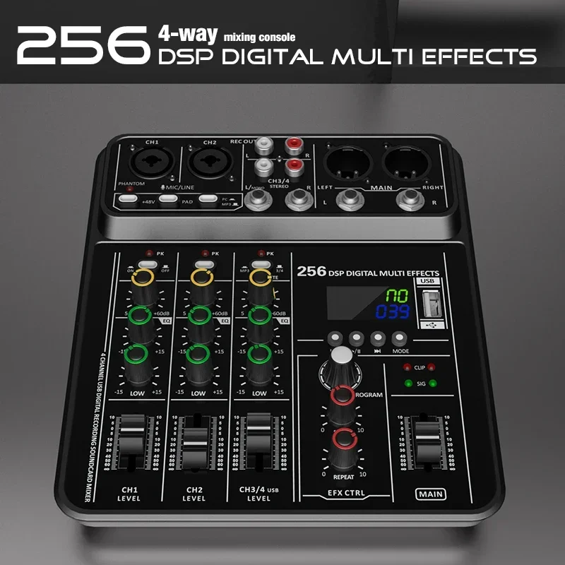 Audio Interface Mixer with Bluetooth USB Recording Computer 48V Phantom Power Delay Replay Effects, 4-Channel Audio Mixer ﻿ view 3