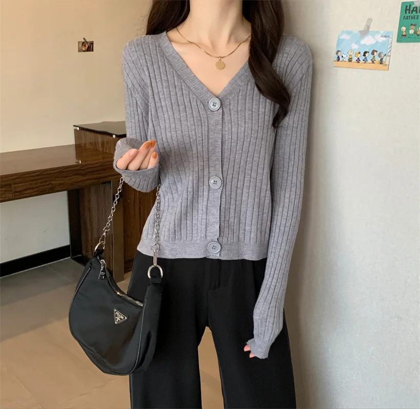 Ribbed Knit Cardigan Sweater for Women Long Sleeve V-Neck Wavy-hem Plain Knit Jacket Teen-girl Fall Winter Basic Outfit