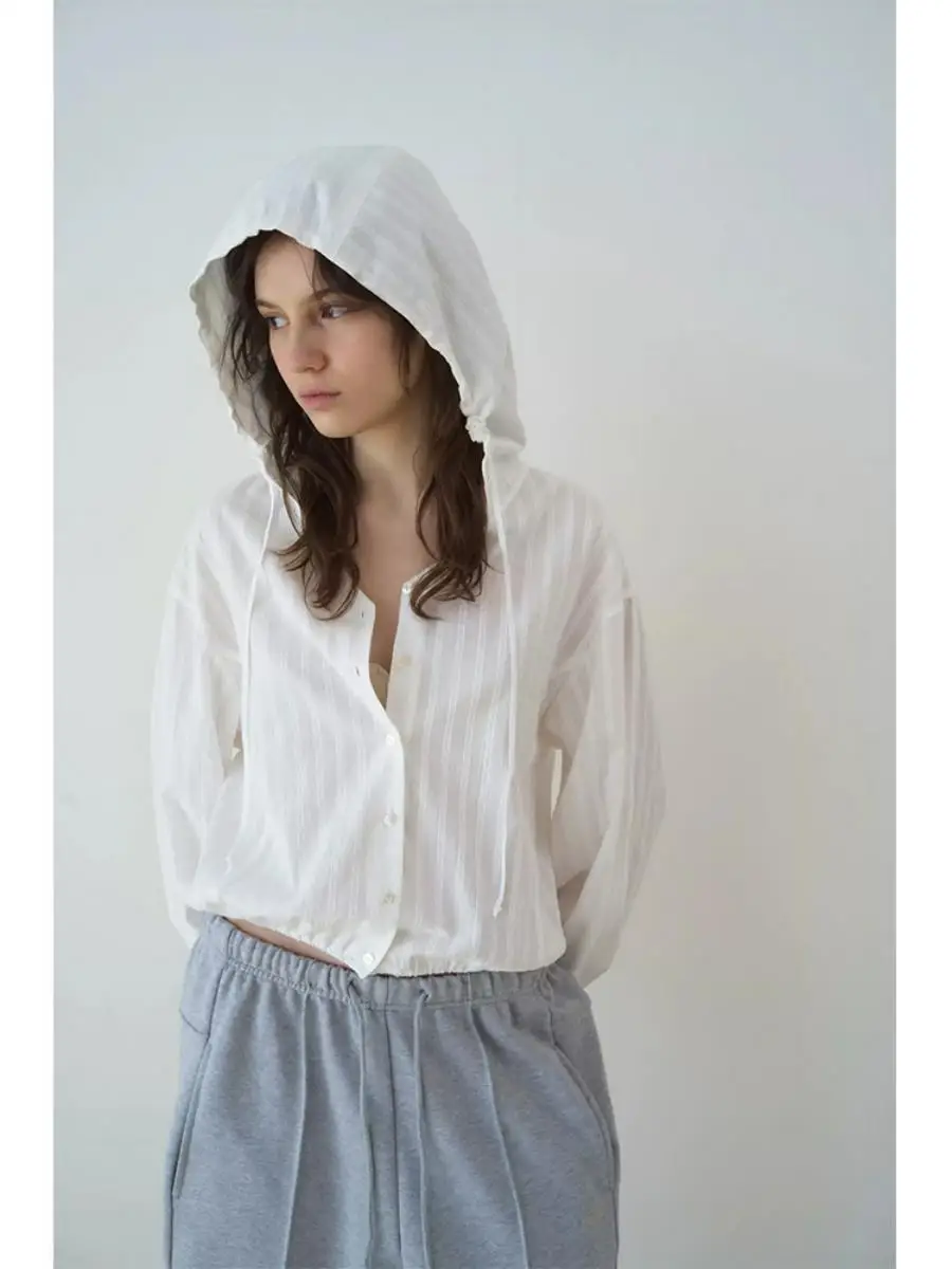  Striped Hooded Sun Protection Shirt Women's Loose Short Thin Drawstring Waist Open Cardigan Cotton Long Sleeve Shirt