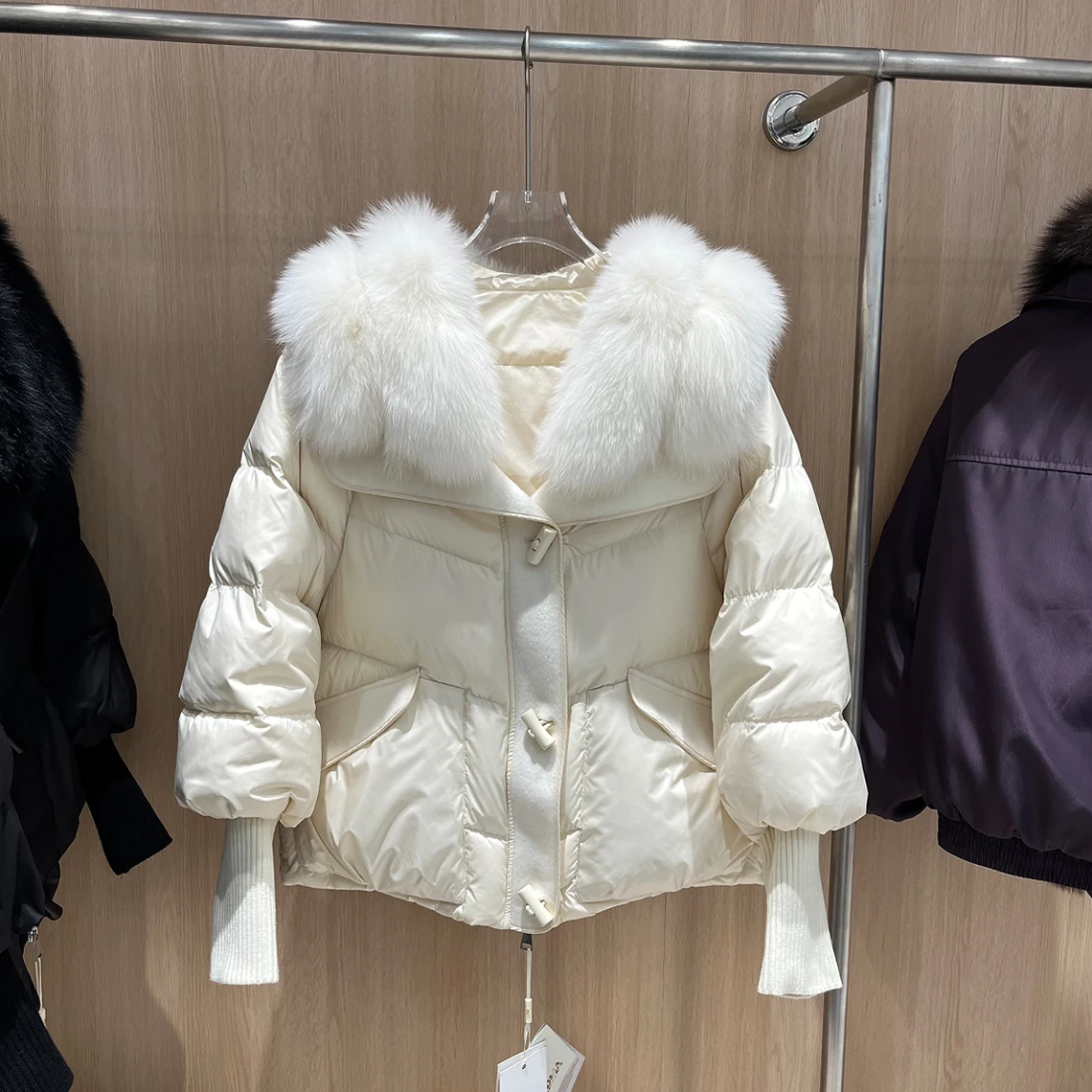 Luxe l Cuello de piel abajo Jaet Mujer ort Tricotado Sve Thi Ropa de abrigo cálida Casual Loose Fit Blanco Du abajo