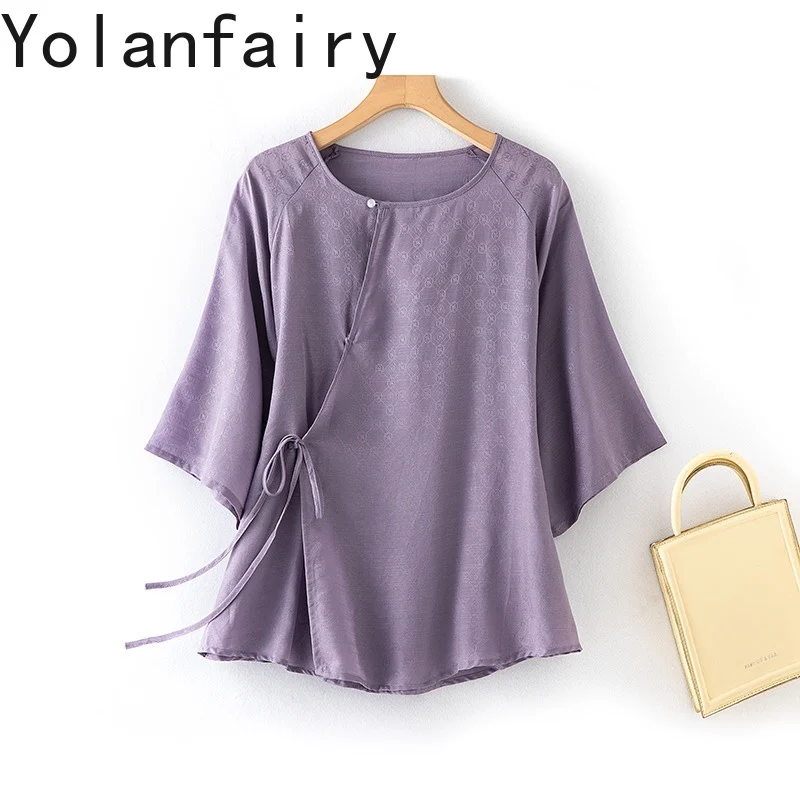 YOLANFAIRY 100% Mulberry Silk Shirts for Woman Jacquard Elegant Ladies Blouses Tops Summer Vintage Loose Women's Purple Shirts