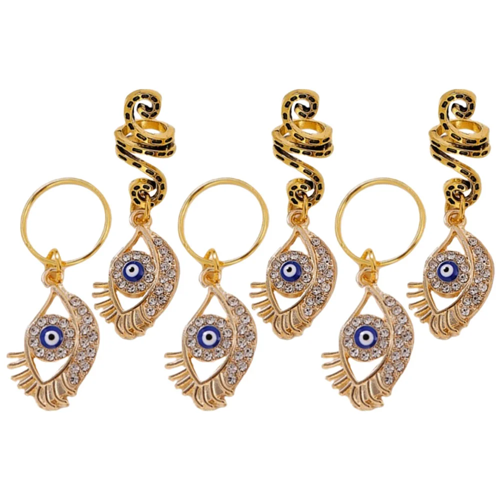 

6 Pcs European and American Snake Braid Hair Ring Dreadlock Accessories Cuffs Alloy Evil Eye Pendant Rings Pendants