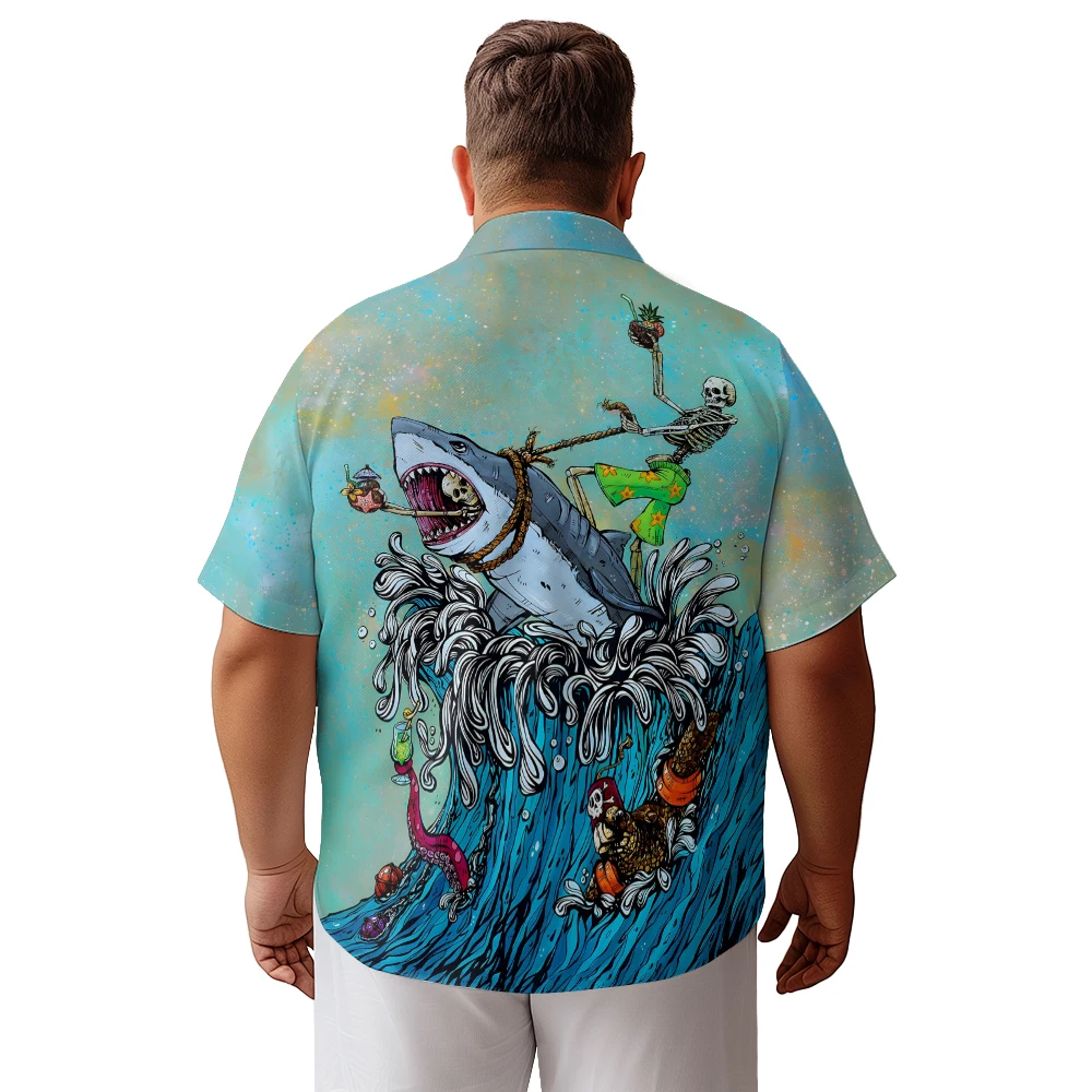 Ocean Shark Skull creative spoof short-sleeved shirt men's summer baggy large size lapel T-shirt top