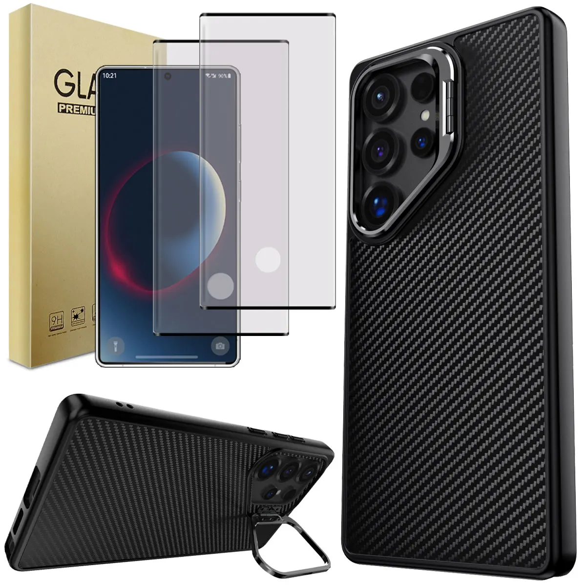 

Black For Samsung Galaxy S25/Plus/Ultra Case Shockproof Kickstand Cover And 2pcs Full Coverage Tempered Glass Screen Protectors