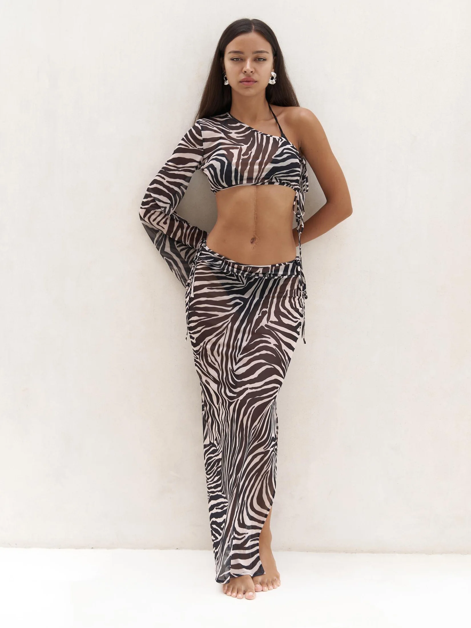 2025 Autumn Sexy See Through Zebra Striped Print One-Shoulder Long Sleeves With Long Skirt Two Piece Suit Women Clothing C87