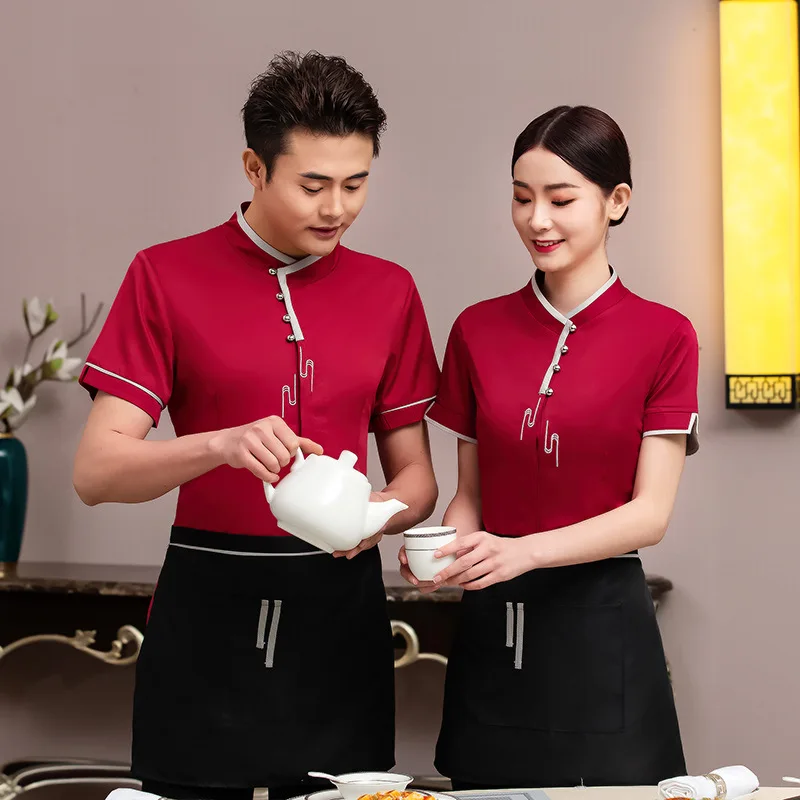 Waiter Workwear Short Sleeve Hotel Chinese Tea House Restaurant Catering Clothing Hot Pot Restaurant Work Clothes Summer Clothes