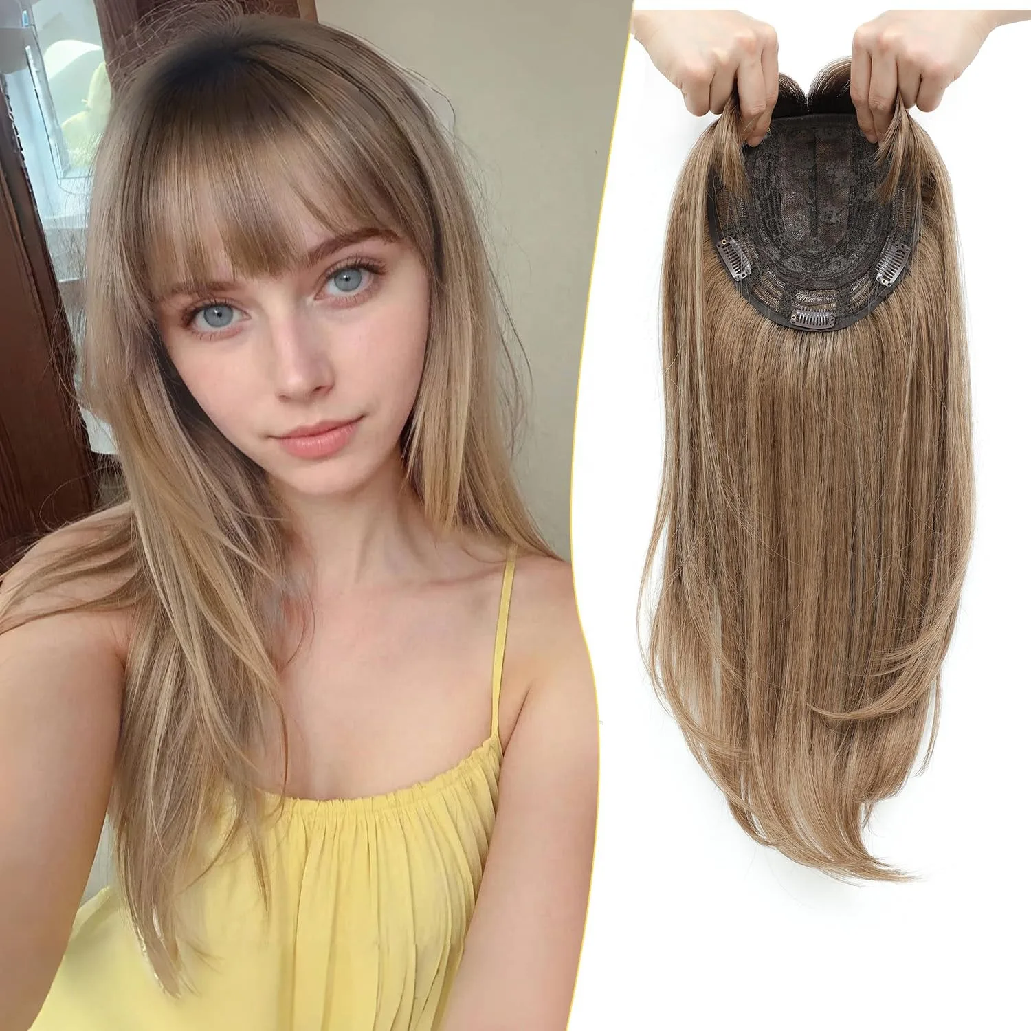 Synthetic 5-Minute Style 18 Inch Hair Topper Scalp with Bangs Invisible Clips Brown Highlights Effortless Volume for Busy Women