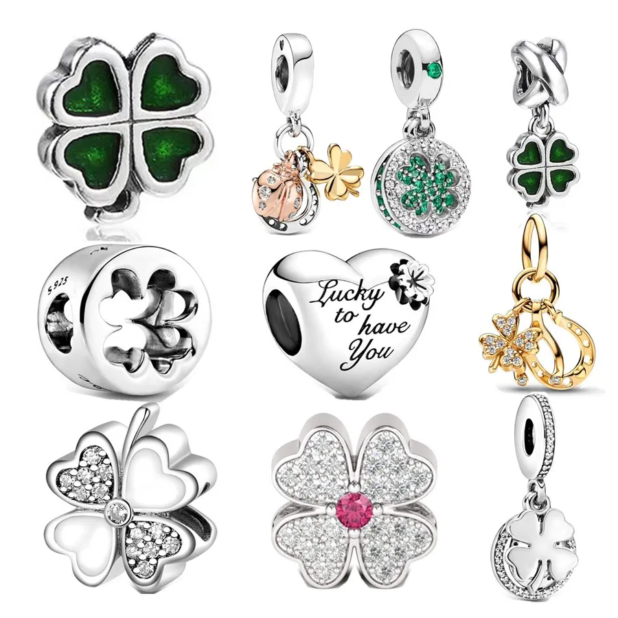 New Green White Lucky Four Leaf Clover Pendant Charm Bead DIY Women Jewelry Fit Original 925 Sterling Silver Bracelet Necklace