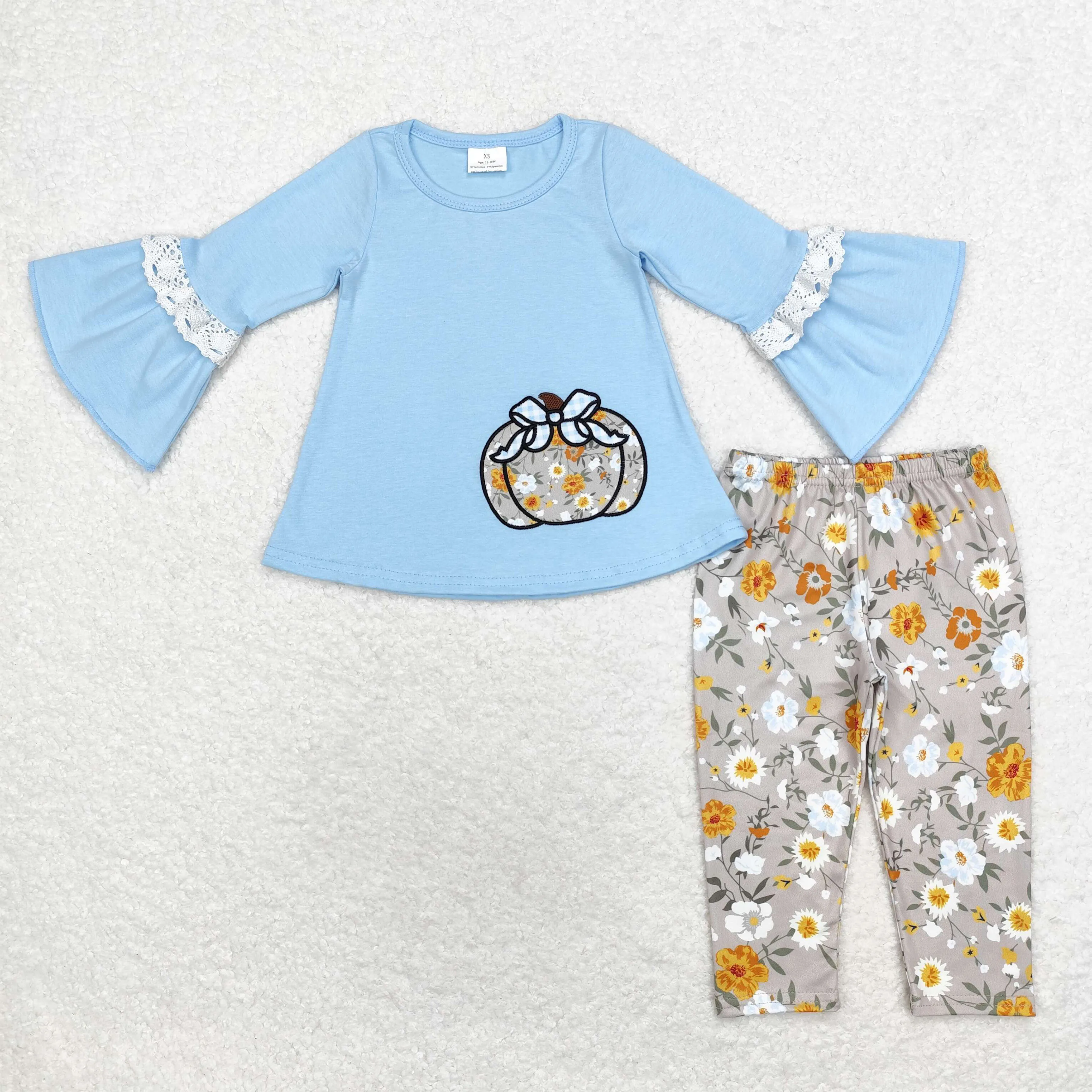 Wholesale Baby Girl Toddler Kids Thanksgiving Outfit Long Sleeves Pumpkin Tops Infant Children Green Cotton Pants Embroidery Set