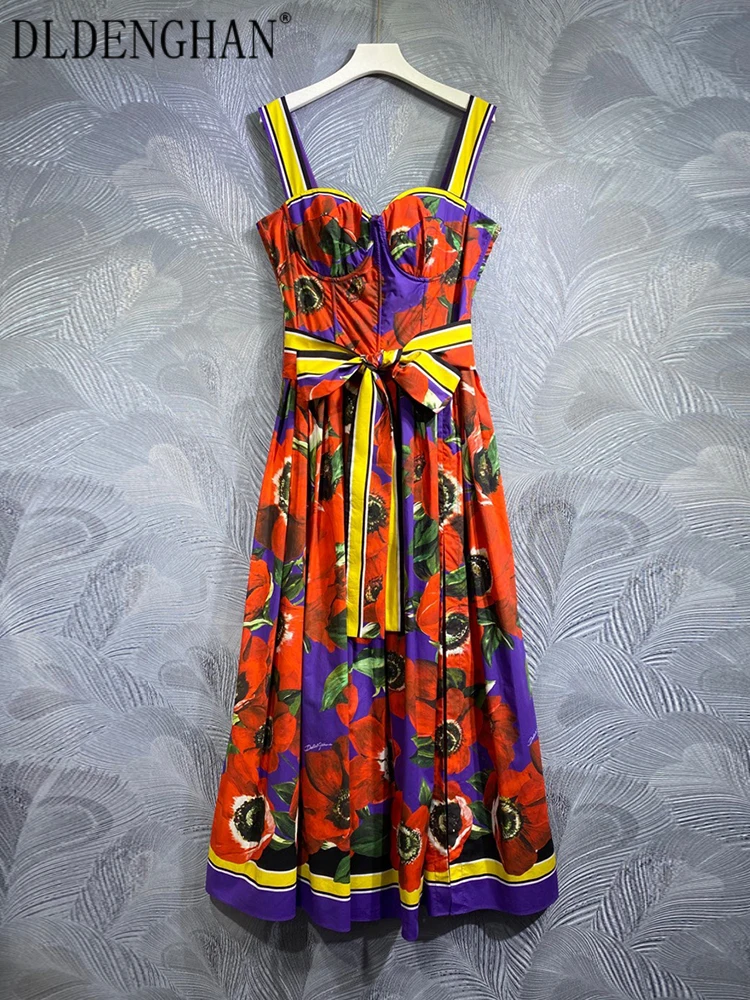 

DLDENGHAN Spring Sicilian Cotton Long Dress Women Spaghetti Strap Sleeveless Print Lace-Up Sexy Beach Style Dresses Designer New