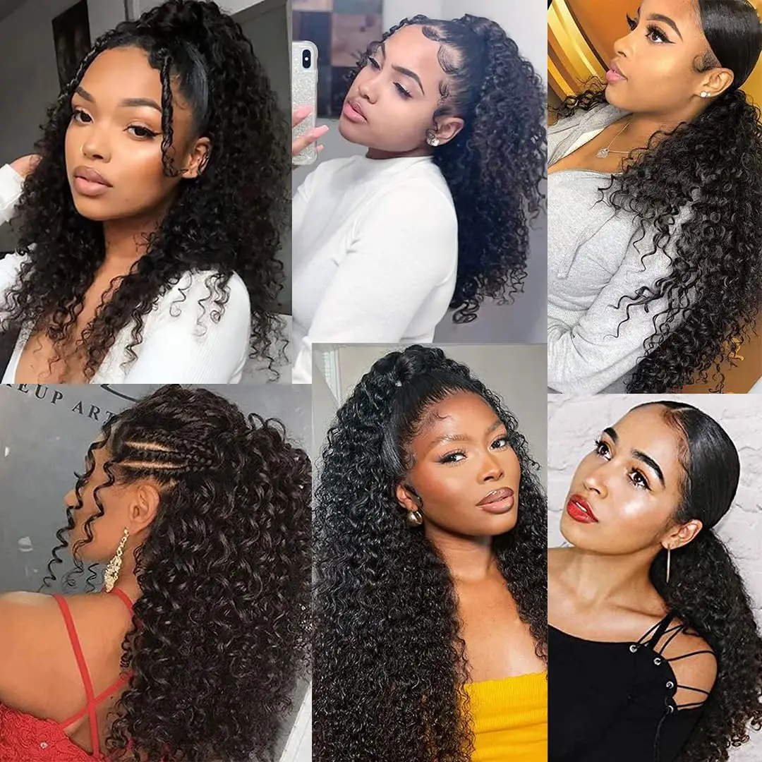 Kinky Curly Ponytail Human Hair Brazilian Ponytail Remy Brazilian Hair Extensions Clip 8-32Inch Pony Tail In Natural Black