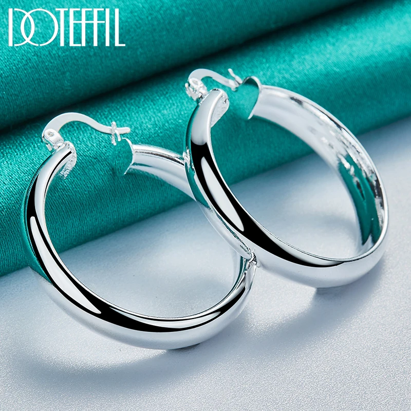 DOTEFFIL 925 Sterling Silver 35mm Circle Smooth Hoop Earring For Woman Lady Best Gift Fashion Charm Engagement Wedding Jewelry